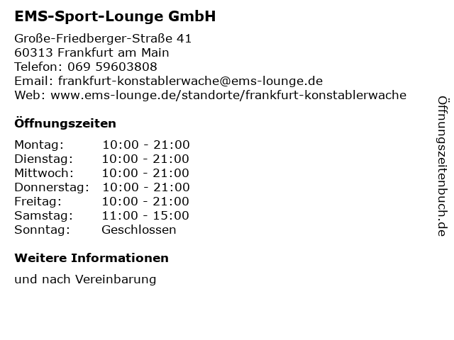 EMS-Sport-Lounge GmbH in Frankfurt am Main: Adresse und Öffnungszeiten