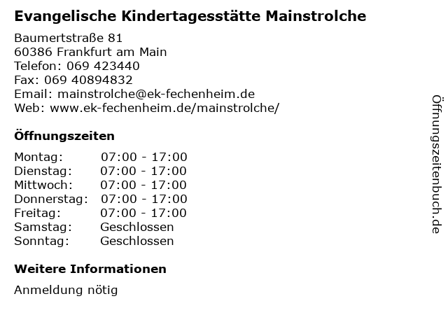 Evangelische Kindertagesstätte Mainstrolche in Frankfurt am Main: Adresse und Öffnungszeiten
