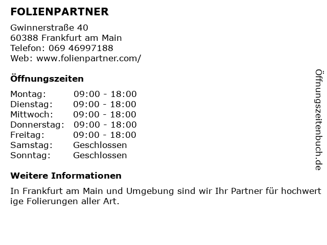 FOLIENPARTNER in Frankfurt am Main: Adresse und Öffnungszeiten