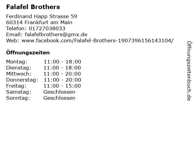 Falafel Brothers in Frankfurt am Main: Adresse und Öffnungszeiten