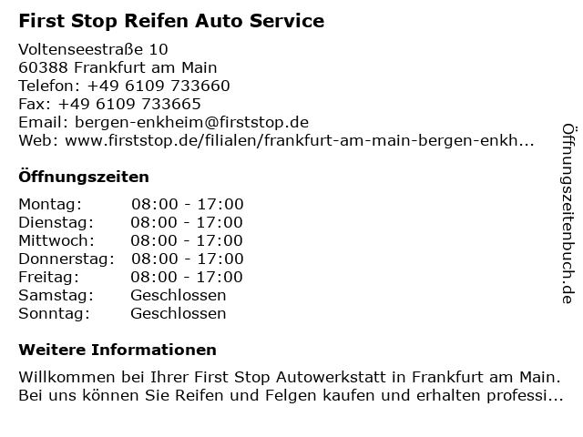ᐅ Offnungszeiten First Stop Reifen Auto Service Gmbh Voltenseestrasse In Frankfurt Am Main
