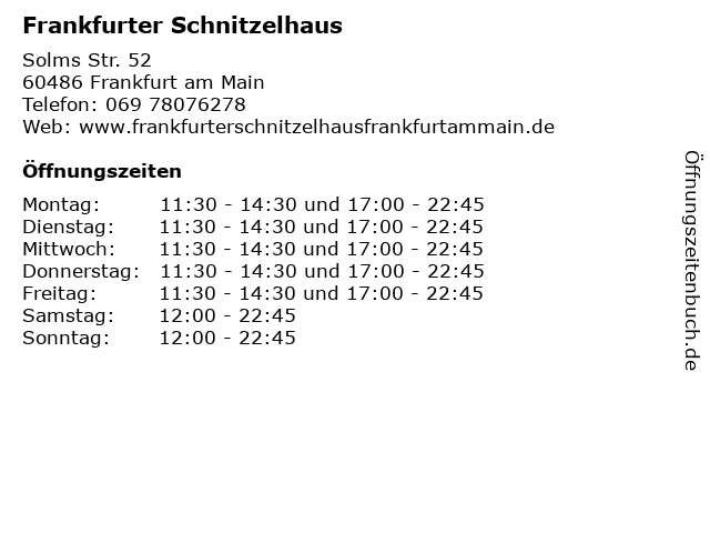 Frankfurter Schnitzelhaus in Frankfurt am Main: Adresse und Öffnungszeiten