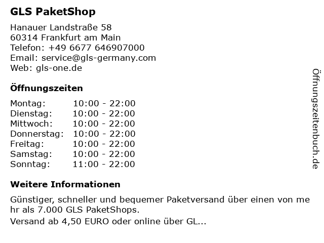 GLS PaketShop in Frankfurt am Main: Adresse und Öffnungszeiten