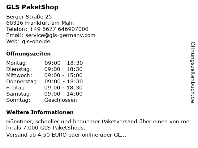 GLS PaketShop in Frankfurt am Main: Adresse und Öffnungszeiten