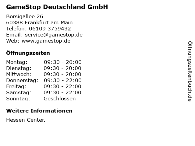 GameStop Deutschland GmbH in Frankfurt am Main: Adresse und Öffnungszeiten