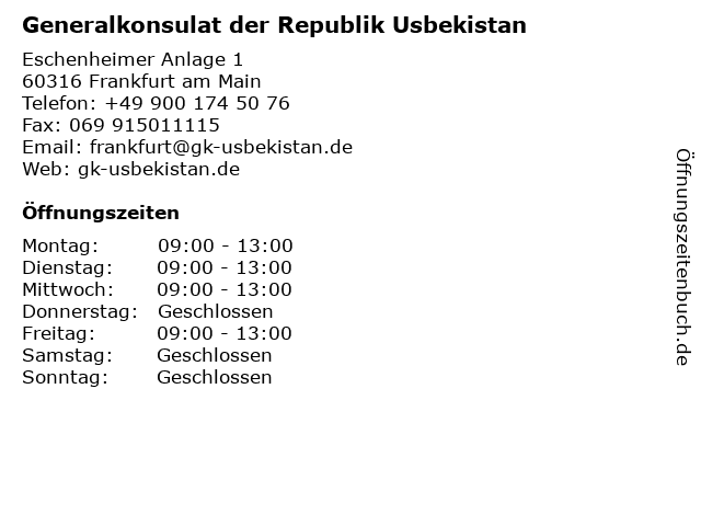 Generalkonsulat der Republik Usbekistan in Frankfurt am Main: Adresse und Öffnungszeiten