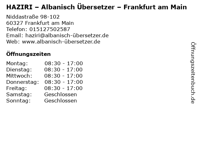 HAZIRI – Albanisch Übersetzer – Frankfurt am Main in Frankfurt am Main: Adresse und Öffnungszeiten