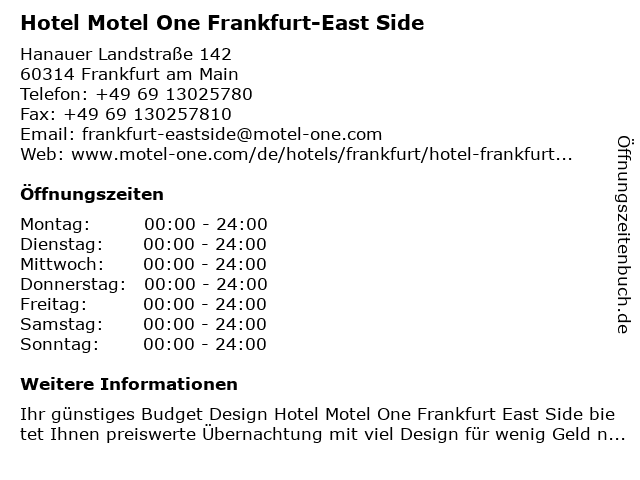 Hotel Motel One Frankfurt-East Side in Frankfurt am Main: Adresse und Öffnungszeiten