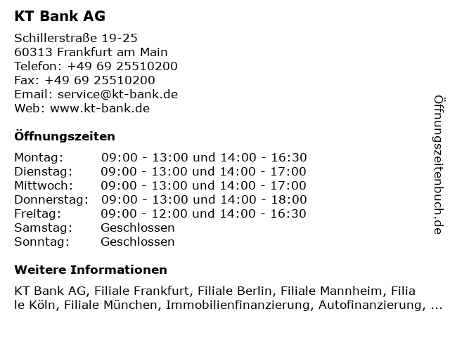 KT Bank AG in Frankfurt am Main: Adresse und Öffnungszeiten