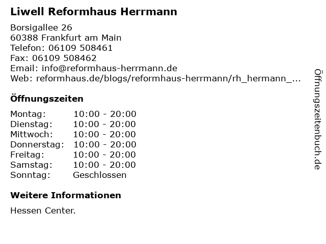 Liwell Reformhaus Herrmann in Frankfurt am Main: Adresse und Öffnungszeiten