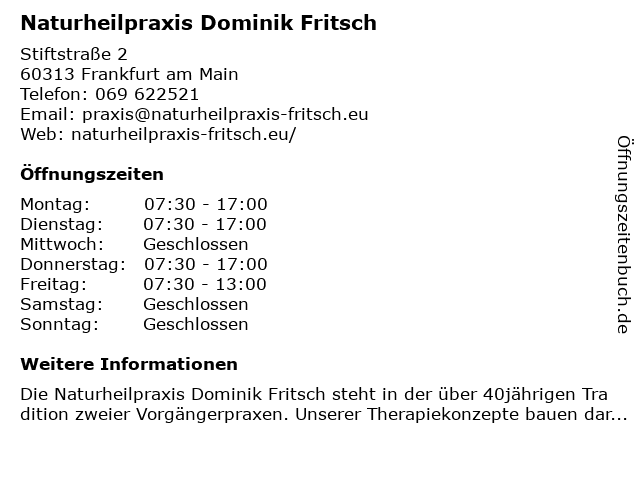 Naturheilpraxis Dominik Fritsch in Frankfurt am Main: Adresse und Öffnungszeiten