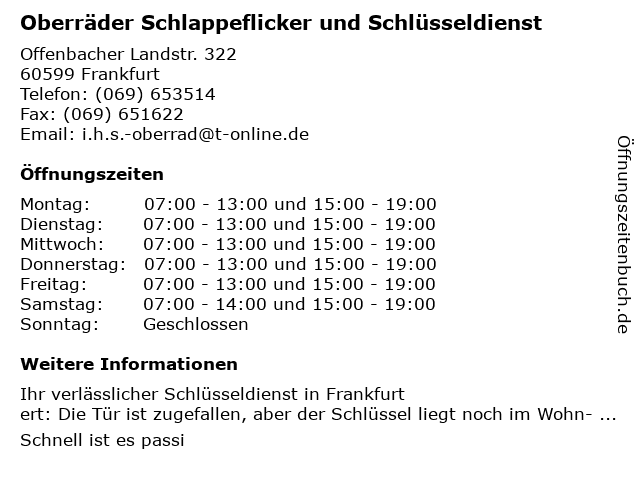 Oberräder Schlappeflicker und Schlüsseldienst in Frankfurt am Main: Adresse und Öffnungszeiten