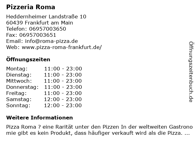 Pizzeria Roma in Frankfurt am Main: Adresse und Öffnungszeiten