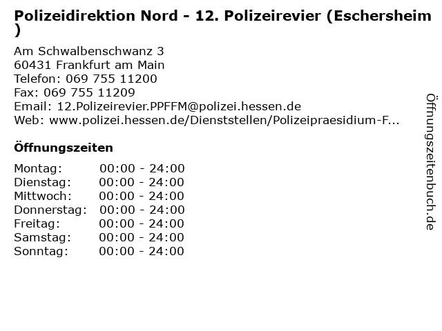 Polizeidirektion Nord - 12. Polizeirevier (Eschersheim) in Frankfurt am Main: Adresse und Öffnungszeiten