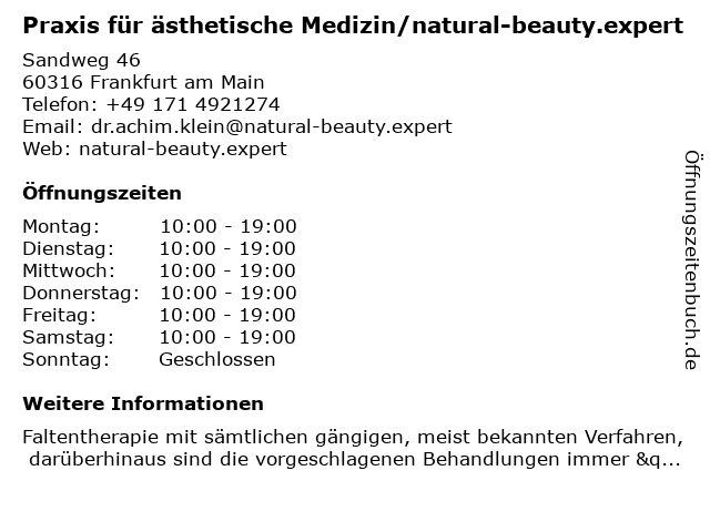 Praxis für ästhetische Medizin/natural-beauty.expert in Frankfurt am Main: Adresse und Öffnungszeiten