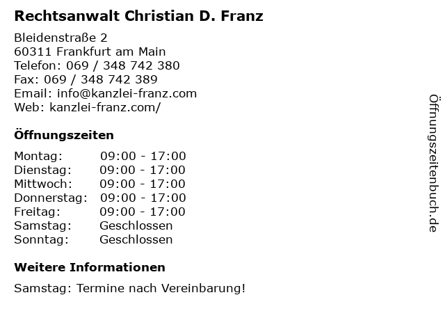 Rechtsanwalt Christian D. Franz in Frankfurt am Main: Adresse und Öffnungszeiten