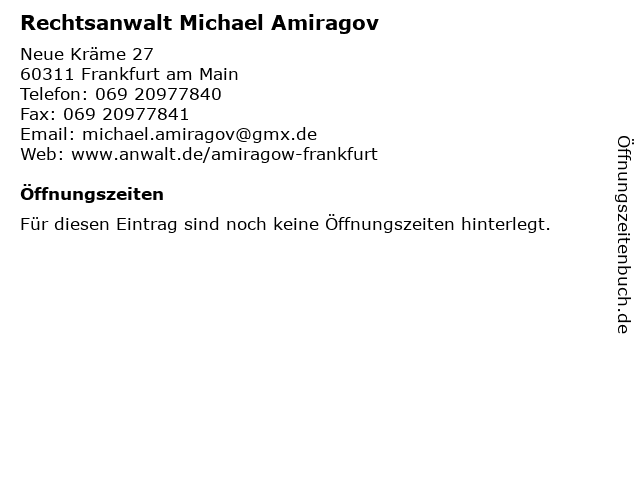 Rechtsanwalt Michael Amiragov in Frankfurt am Main: Adresse und Öffnungszeiten
