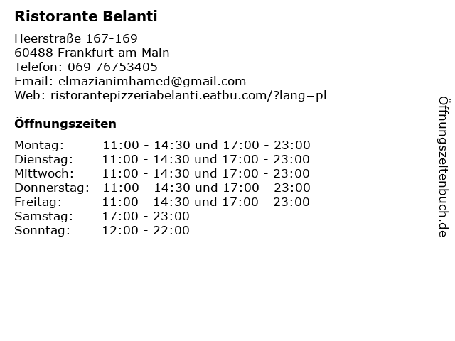 Ristorante Belanti in Frankfurt am Main: Adresse und Öffnungszeiten