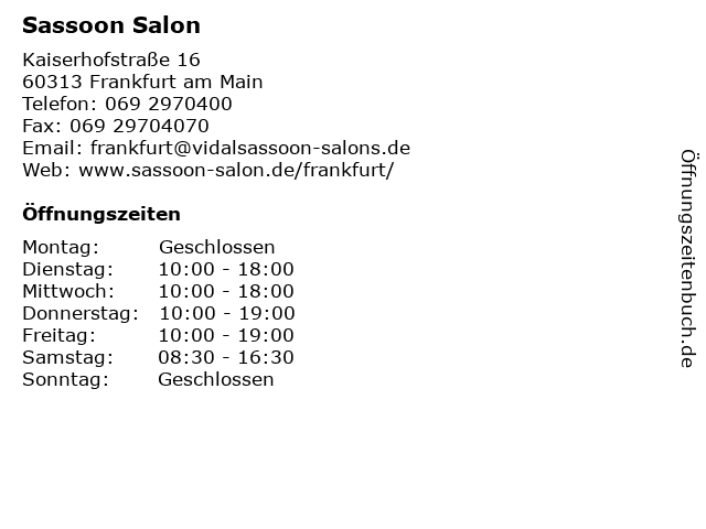 ᐅ Offnungszeiten Sassoon Salon Kaiserhofstrasse 16 In Frankfurt Am Main