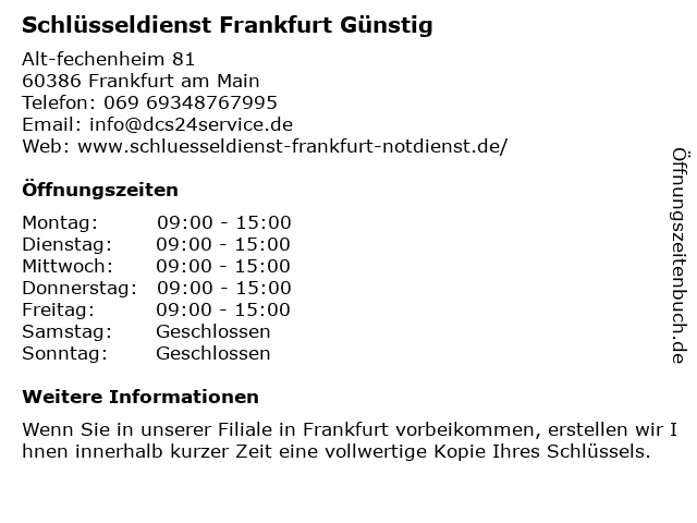 Schlüsseldienst Frankfurt Günstig in Frankfurt am Main: Adresse und Öffnungszeiten