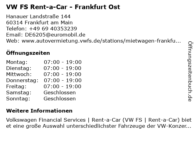 VW FS Rent-a-Car - Frankfurt Ost in Frankfurt am Main: Adresse und Öffnungszeiten