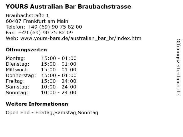 YOURS Australian Bar Braubachstrasse in Frankfurt am Main: Adresse und Öffnungszeiten
