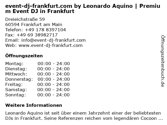 event-dj-frankfurt.com by Leonardo Aquino | Premium Event DJ in Frankfurt in Frankfurt am Main: Adresse und Öffnungszeiten