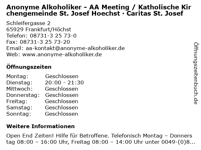 Anonyme Alkoholiker - AA Meeting / Katholische Kirchengemeinde St. Josef Hoechst · Caritas St. Josef in Frankfurt/Höchst: Adresse und Öffnungszeiten