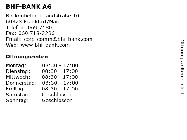 BHF-BANK AG in Frankfurt/Main: Adresse und Öffnungszeiten