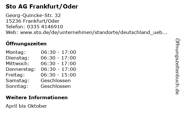 Sto AG Frankfurt/Oder in Frankfurt/Oder: Adresse und Öffnungszeiten