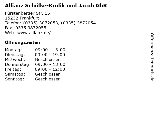 Allianz Schülke-Krolik und Jacob GbR in Frankfurt: Adresse und Öffnungszeiten
