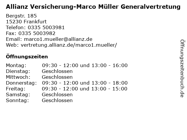 Allianz Versicherung-Marco Müller Generalvertretung in Frankfurt: Adresse und Öffnungszeiten