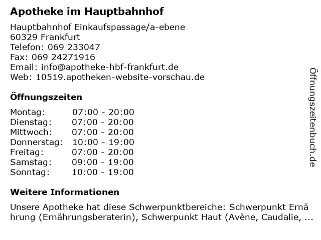 Apotheke im Hauptbahnhof in Frankfurt: Adresse und Öffnungszeiten