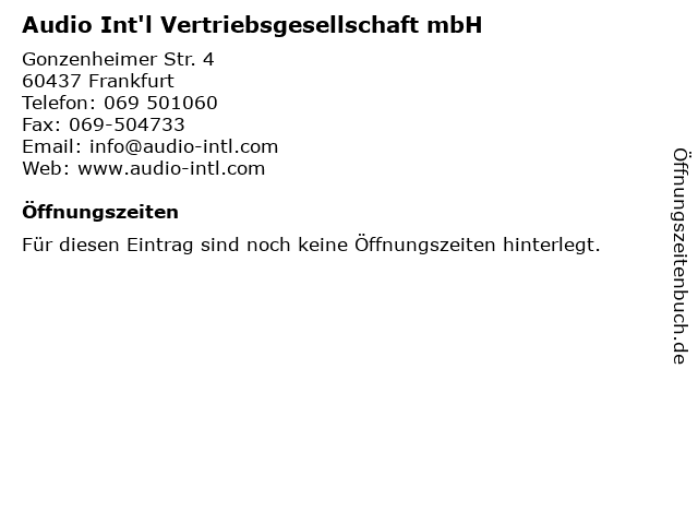 Audio Int'l Vertriebsgesellschaft mbH in Frankfurt: Adresse und Öffnungszeiten