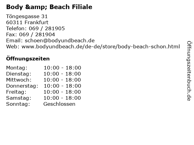 Body & Beach Filiale in Frankfurt: Adresse und Öffnungszeiten