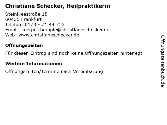 Christiane Schecker, Heilpraktikerin in Frankfurt: Adresse und Öffnungszeiten