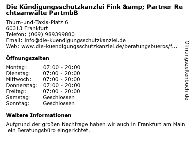 Die Kündigungsschutzkanzlei Fink & Partner in Frankfurt: Adresse und Öffnungszeiten