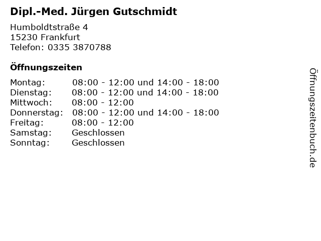 Dipl.-Med. Jürgen Gutschmidt in Frankfurt: Adresse und Öffnungszeiten