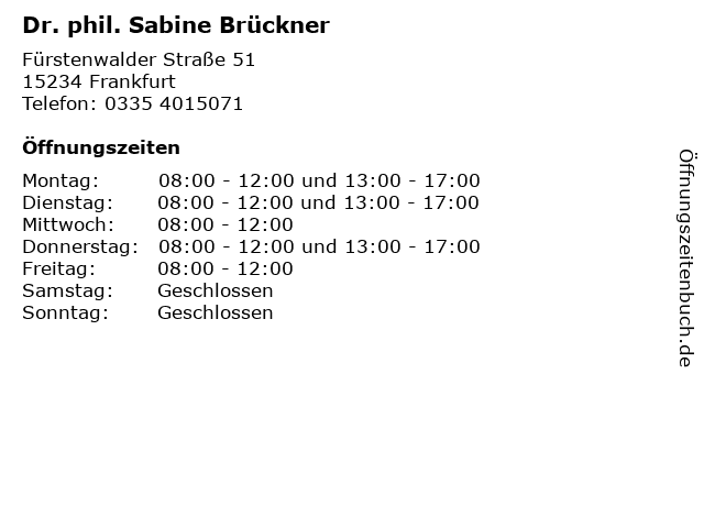 Dr. phil. Sabine Brückner in Frankfurt: Adresse und Öffnungszeiten