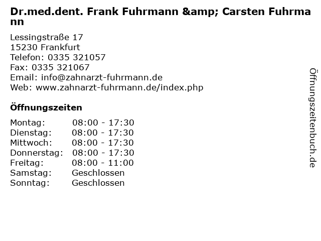 Dr.med.dent. Frank Fuhrmann & Carsten Fuhrmann in Frankfurt: Adresse und Öffnungszeiten