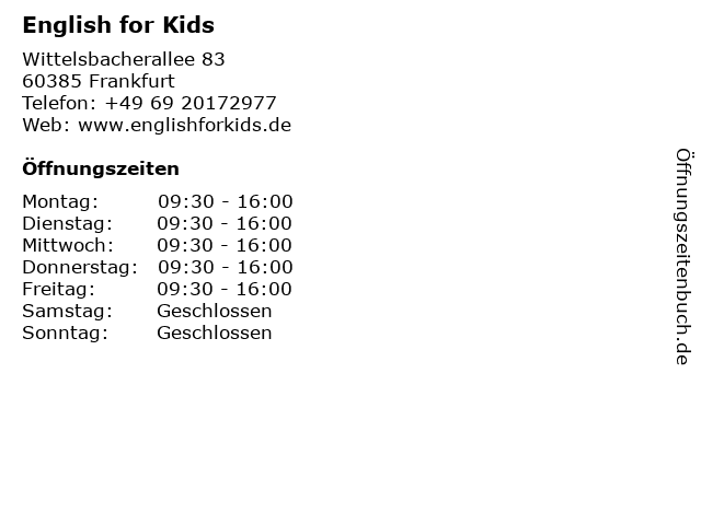 English for Kids in Frankfurt: Adresse und Öffnungszeiten