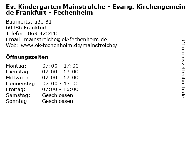 Ev. Kindergarten Mainstrolche - Evang. Kirchengemeinde Frankfurt - Fechenheim in Frankfurt: Adresse und Öffnungszeiten