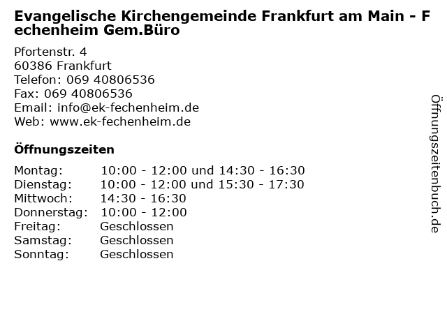 Evangelische Kirchengemeinde Frankfurt am Main - Fechenheim Gem.Büro in Frankfurt: Adresse und Öffnungszeiten
