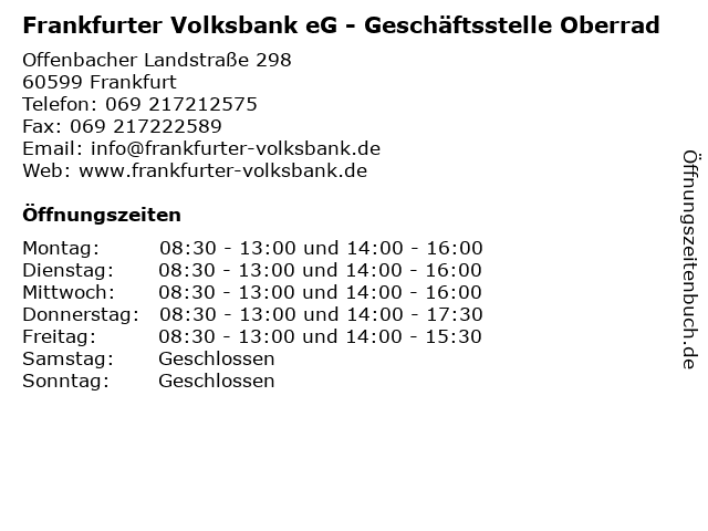 Frankfurter Volksbank eG - Geschäftsstelle Oberrad in Frankfurt: Adresse und Öffnungszeiten