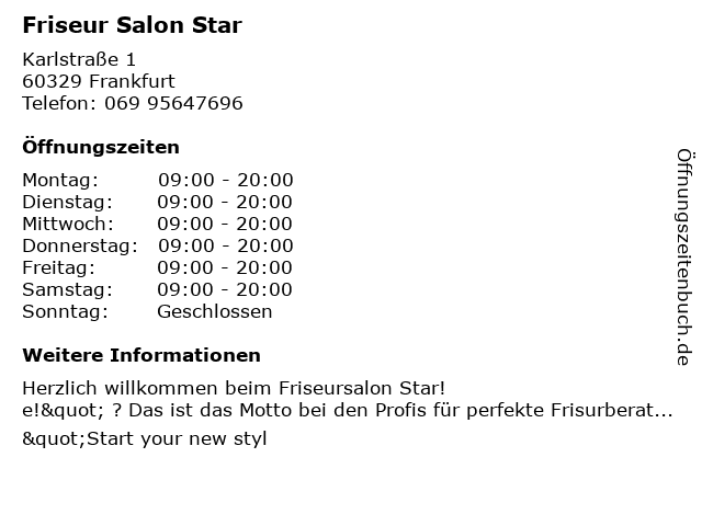ᐅ Offnungszeiten Friseur Salon Star Karlstrasse 1 In Frankfurt