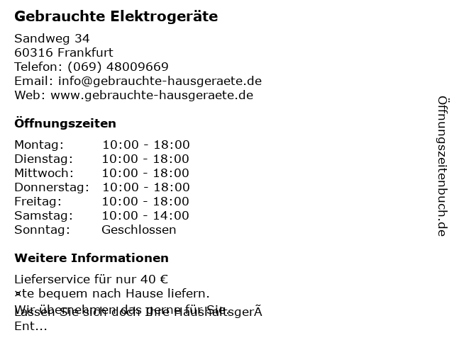 Gebrauchte Elektrogeräte in Frankfurt: Adresse und Öffnungszeiten