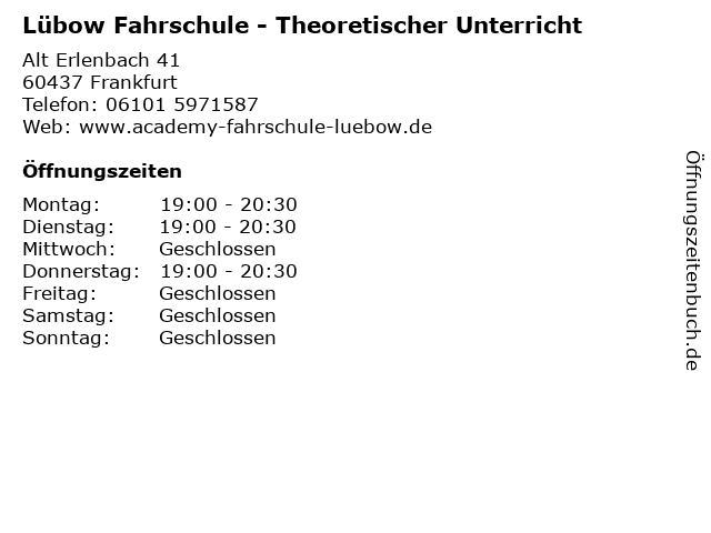 Lübow Fahrschule - Theoretischer Unterricht in Frankfurt: Adresse und Öffnungszeiten