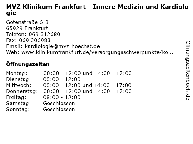 MVZ Klinikum Frankfurt - Innere Medizin und Kardiologie in Frankfurt: Adresse und Öffnungszeiten