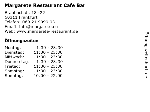 Margarete Restaurant Cafe Bar in Frankfurt: Adresse und Öffnungszeiten