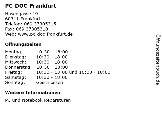 PC-DOC-Frankfurt in Frankfurt: Adresse und Öffnungszeiten